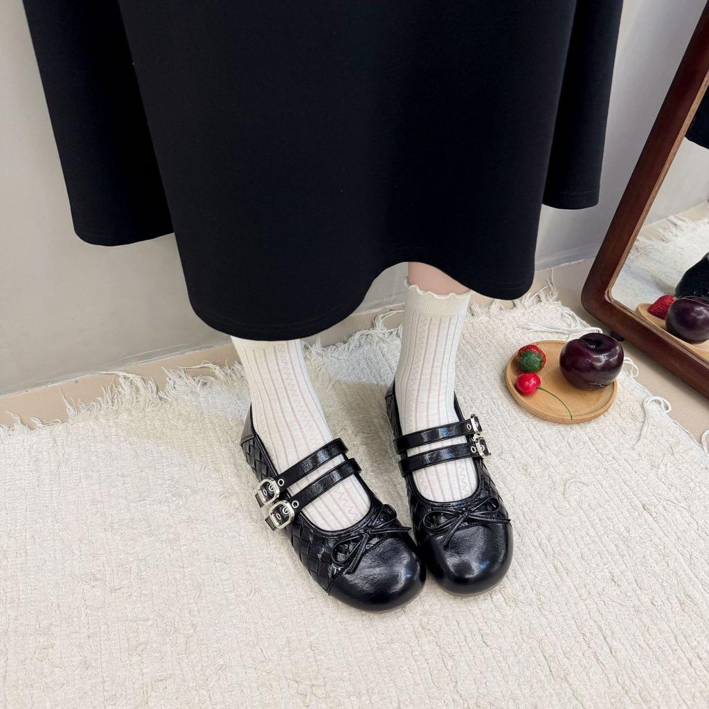French One-word Buckle with Single Shoes Women's Retro Mary Jane Shoes 2025 New Bow Flat Ballet Shoes