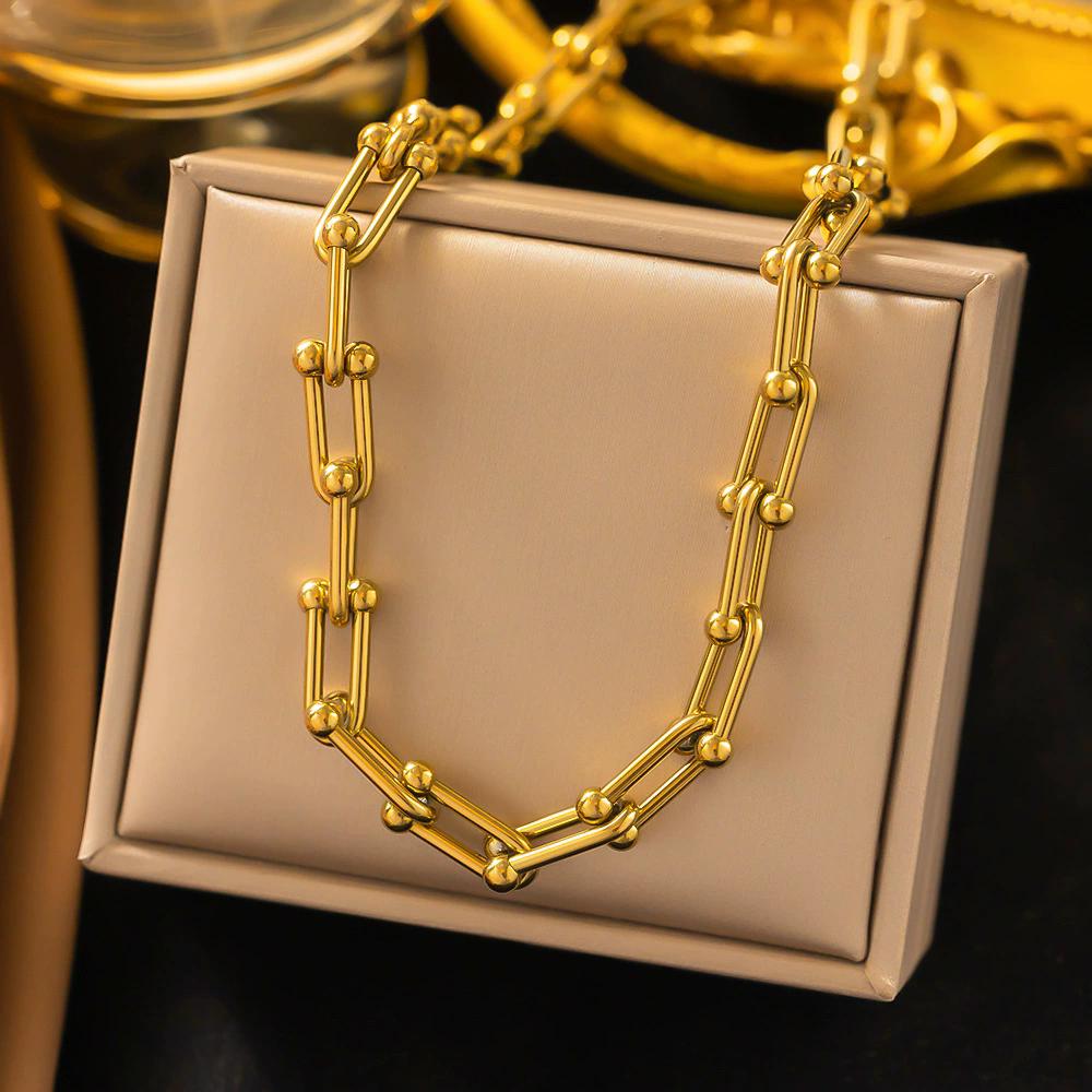 316L Stainless Steel Fashion Stitching U-shape Stitching Thick Chain Necklace Bracelet Earring Set Wedding Zircon Set