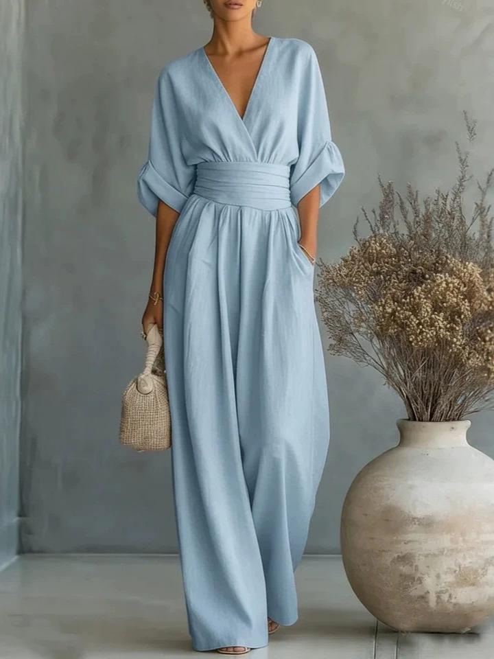 Elegant V-Neck Waist-Cinching Women's Jumpsuit for Spring and Summer