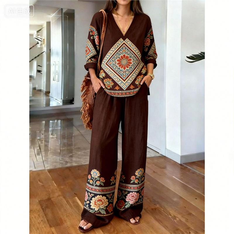 Loose casual y1 new v-neck top wide-leg pants two-piece women's clothing European and American fashion suit