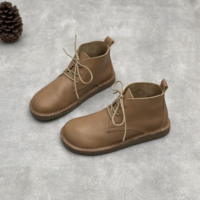 Johnature Handmade Genuine Leather Ankle Boots Casual Soft Cowhide Round Toe Lace Up Flat Women's Shoes