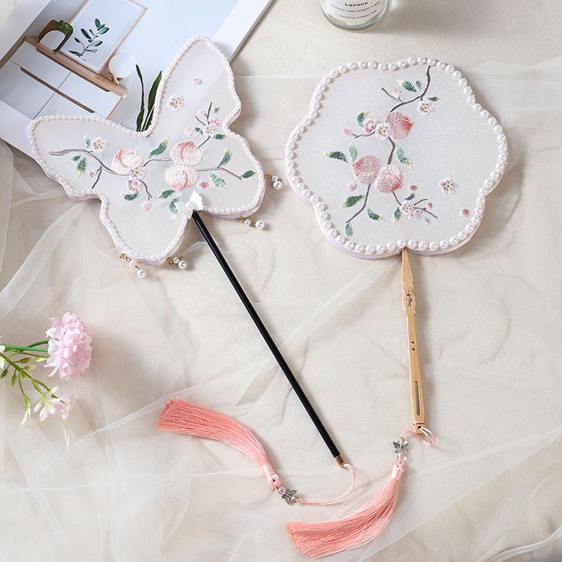 1PC Embroidery Round Fan, Ancient Female Dance Chinese Fairy Peach Blossom Handheld Small Round Fan, Folding Hand Fan