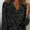 Breathable Premium Blouse Soft Long Sleeve V Neck Loose Women Shirt Daily Party Club Commute Sequin Lady Pullover