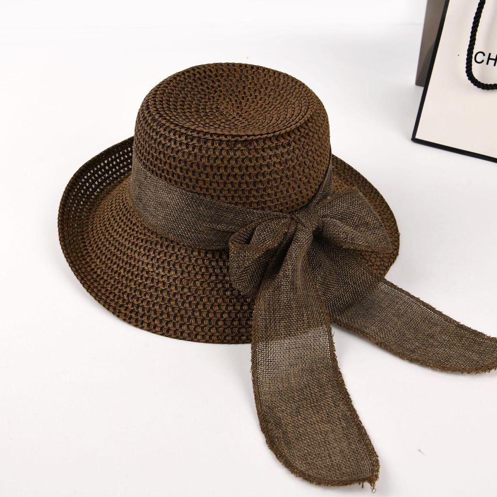Women's Summer Straw Hat with Bow & Wide Upturned Brim