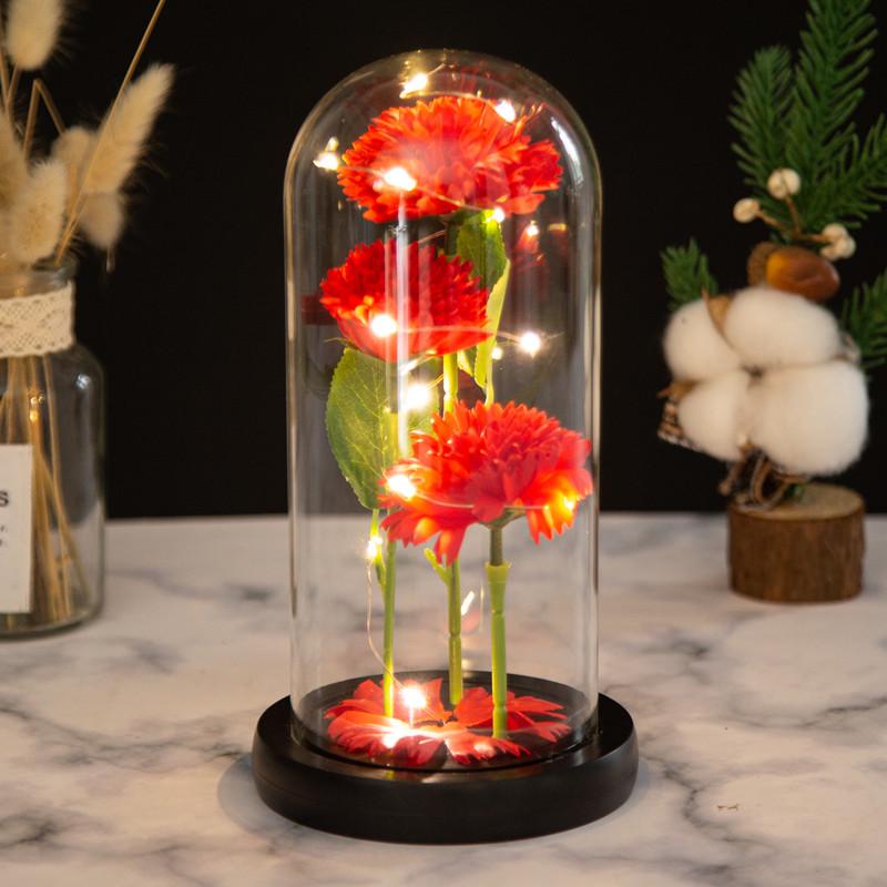 Carnation Trio Glass Dome Ornament - Mother s Day LED Gift with Artificial Flowers Glass Dome