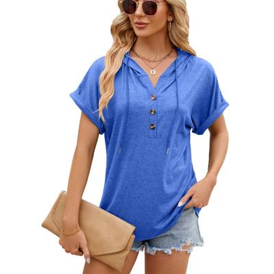 Spring Summer Solid Color Hooded Button Loose Short Sleeved T-shirt Top for Women