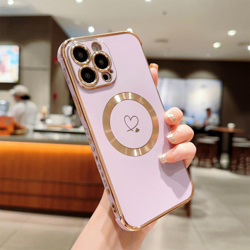 For iPhone 14 Pro Max Case Compatible with MagSafe Electroplated TPU Phone Cover Hollow Love Hearts