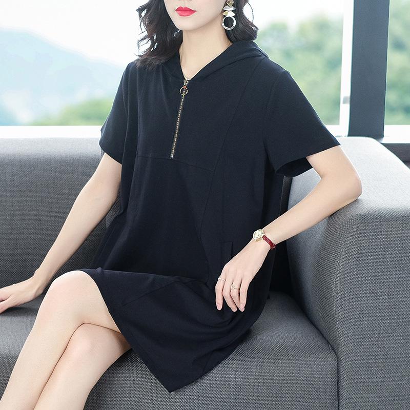 2025 Summer Casual Hooded Dress - Short Sleeve Sporty Loose Fit Plus Size Women's Clothing