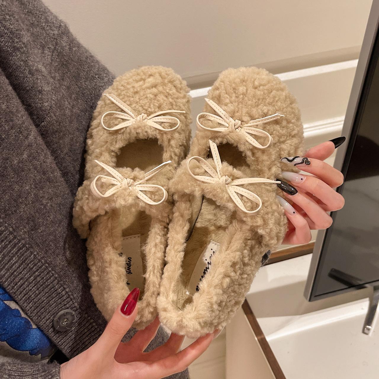 

2025 autumn and winter new bow-tie fluffy shoes women s shallow mouth velvet Doudou shoes flat-soled soft-soled grandma cotton shoes to keep warm 35