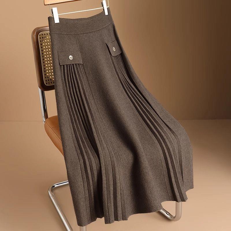 

Юбка плиссированная трикотажная с высокой талией 2024 года — тонкая, плотная, средней длины для осени и зимы 2XL 70-90 kg кофейный