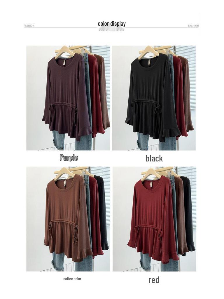 Plus Size Autumn Round Neck Ribbed Pullover Base Layer for Women - Slimming & Versatile