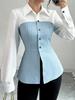 Women's Color Block Long Sleeve Shirt Casual Striped Detail Button Down Blouse