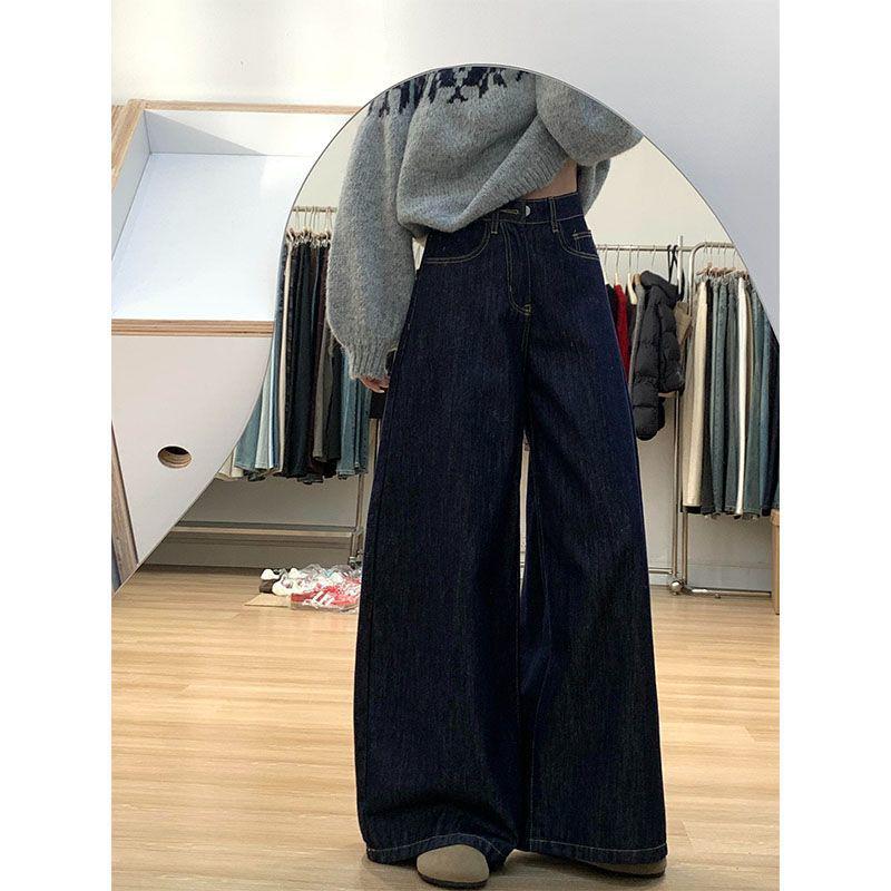 

Women s High-Waisted Dark Blue Wide-Leg Jeans - Spring Collection, Loose-Fit, Versatile, and Floor-Length. Small