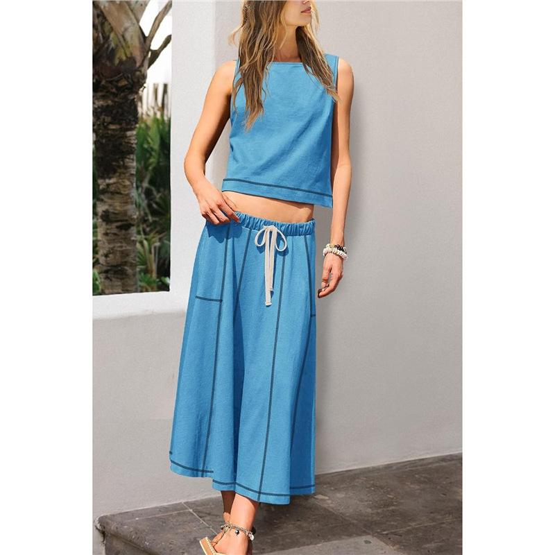 Amazon hot sale 2025 new European and American women s clothing summer vacation sleeveless vest with pocket skirt two-piece set S