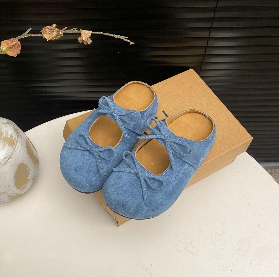 

French thick-bottomed bag head half-drag girl spring and autumn new versatile bow fairy wind Mary Jane light mouth lazy slippers 40 синий