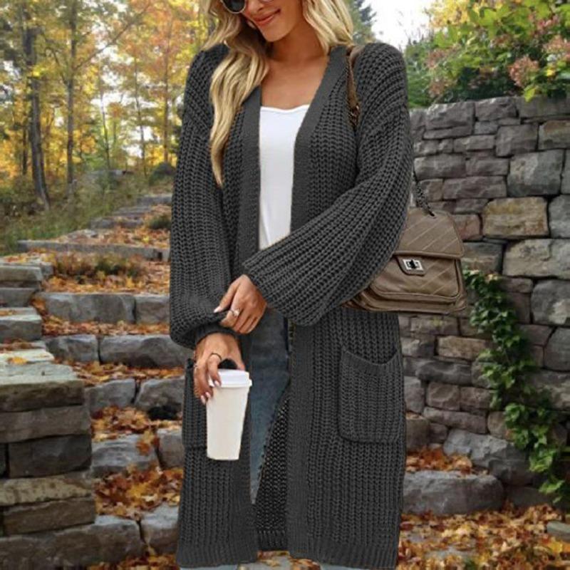 Solid Color Women's Knitted Mid-length Cardigan with Pockets