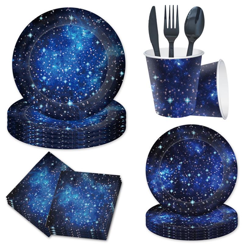 Mörkblå Stjärnhimmel Tema Födelsedagsfest Set Galax Interstellär Papperstallrik Pappersmugg Stjärnhimmel Nattfest Fest Servis