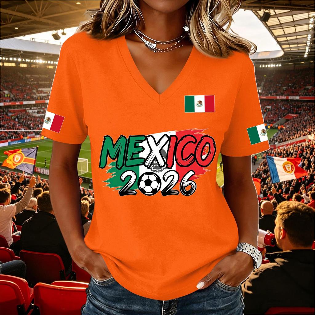 Women's Casual V Neck Pullover Short Sleeve Top Soccer National Flag Print Support Shirt Mexico 2026 Design Lightweight Comfortable Fit