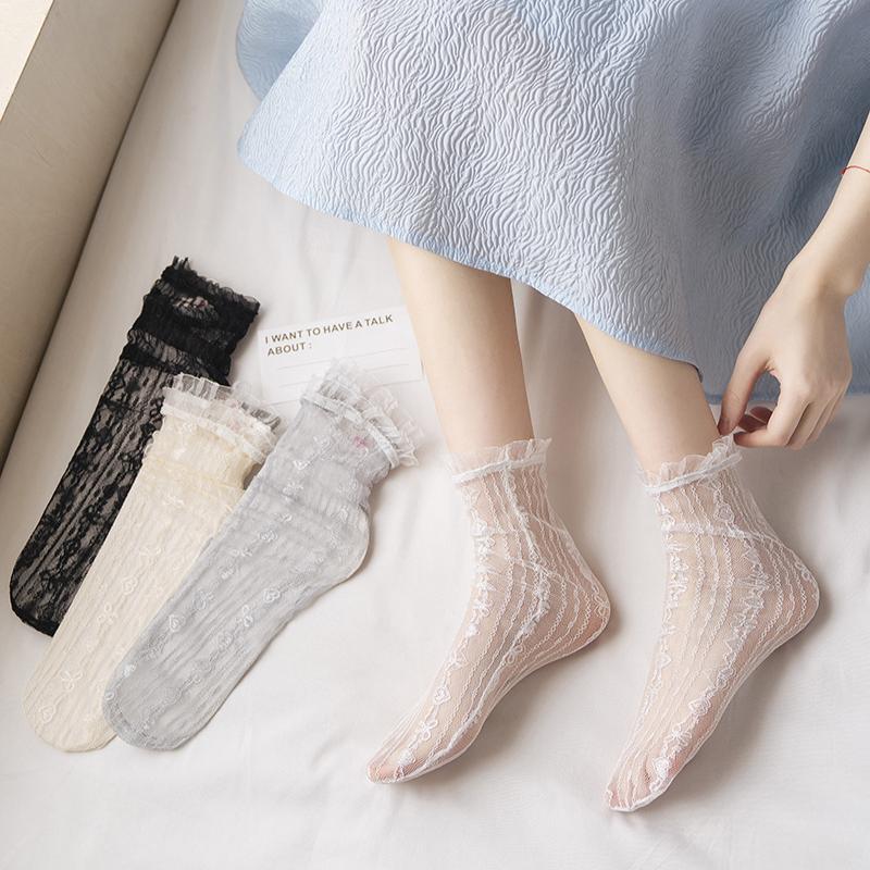 Japanischer Stil Sexy Spitze Rüschen Socken Ultradünne Transparente Sommer Lochmuster Netz Kniestrümpfe Damen Mode Harajuku Retro Lange Socken