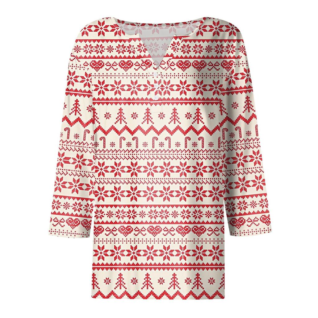 Dámské tričko s vánočním potiskem, knoflíky a 3/4 rukávem, pro každodenní nošení i na víkend, módní základní kousek s výstřihem do V, běžného střihu