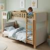 Cama Bunk Bed, Cama Infantil, Borda de Espuma Macia Anticolisão, Escada Reta de Quatro Degraus, Estruturas de Ripas Resistentes, Madeira de Borracha + MDF, Cinza+Natural, 90x200cm