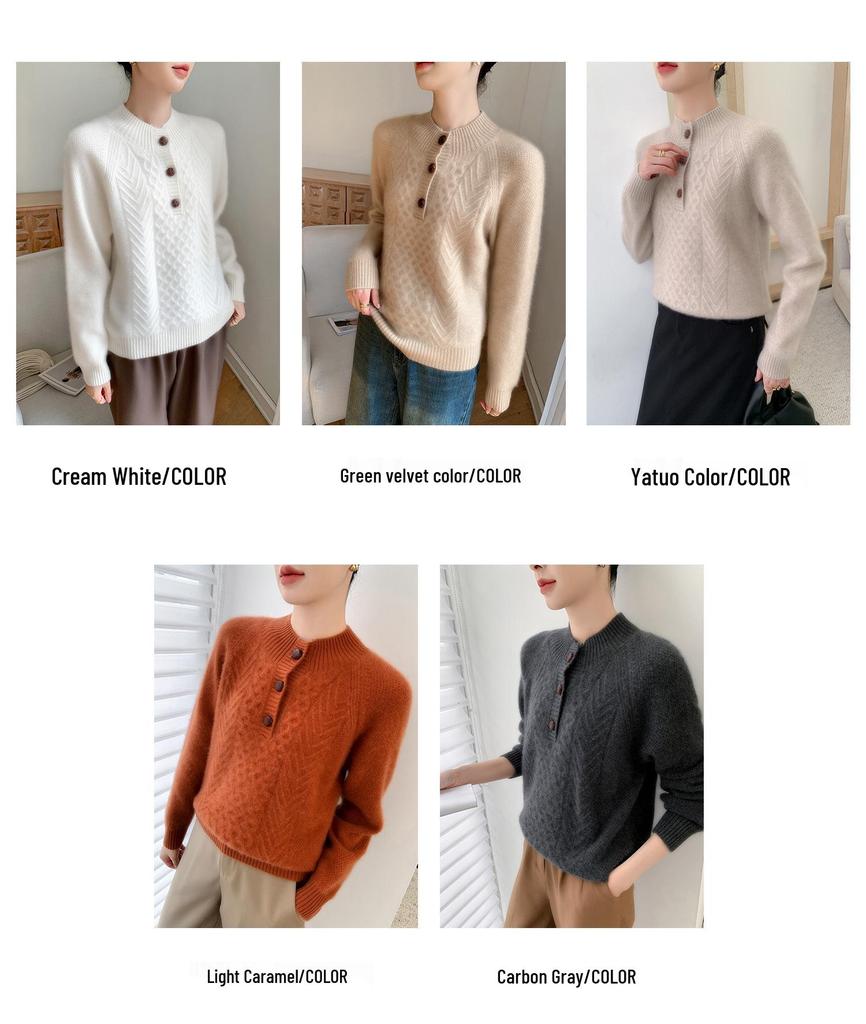 Women's Thickened Cashmere Sweater - Half-High Collar, Half-Button Cable Knit, Loose & Slimming Design
