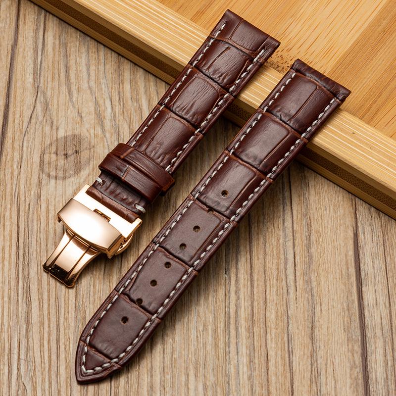 Bamboo Pattern Genuine Leather Watch Strap with Soft Cowhide and Butterfly Buckle for Men and Women