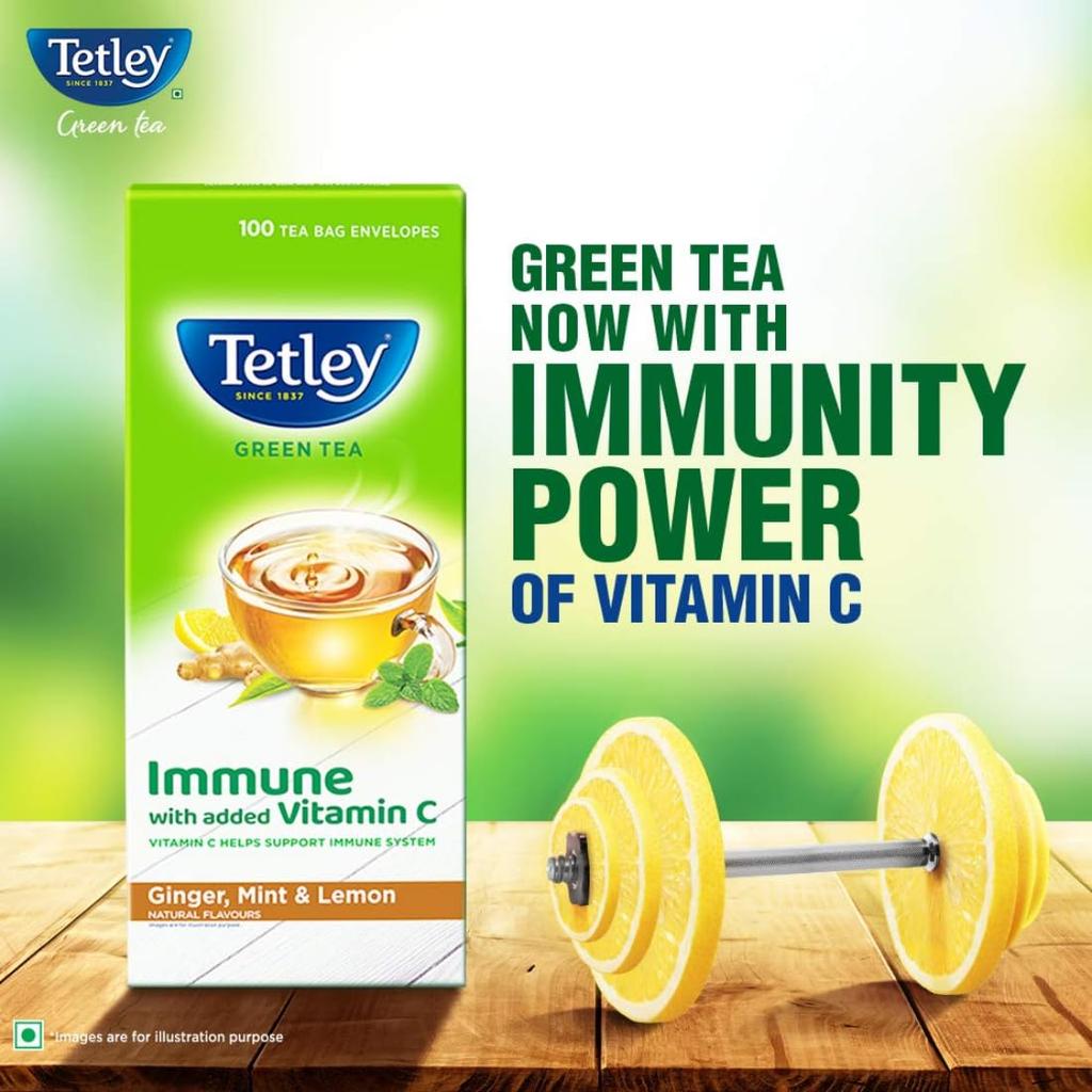 Tetley Green Tea Immune With Vitamin C Ginger Mint Lemon Flavor – 100 Teabags, Refreshing Herbal Blend, Supports Wellness And Hydration