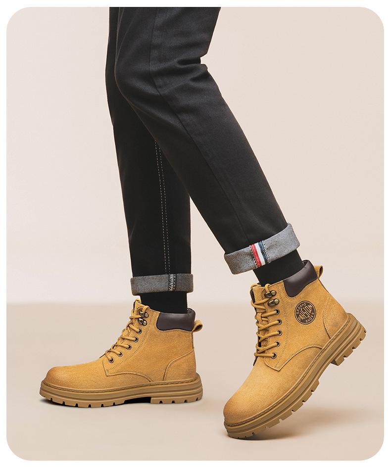 Men's Large Size Winter Genuine Leather Martin Boots, Thick Sole, High-Top, Outdoor, Plus Velvet, Yellow Work Boots.