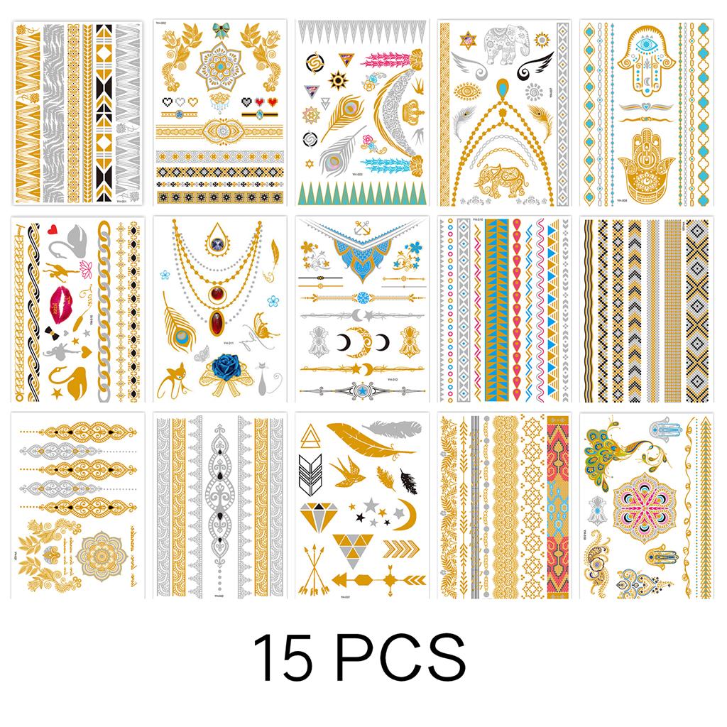 

15 Sheets Gold Temporary Tattoo Stickers, Durable Designs for Body Art, Easy to Apply and Remove, Waterproof Temporary Tattoos