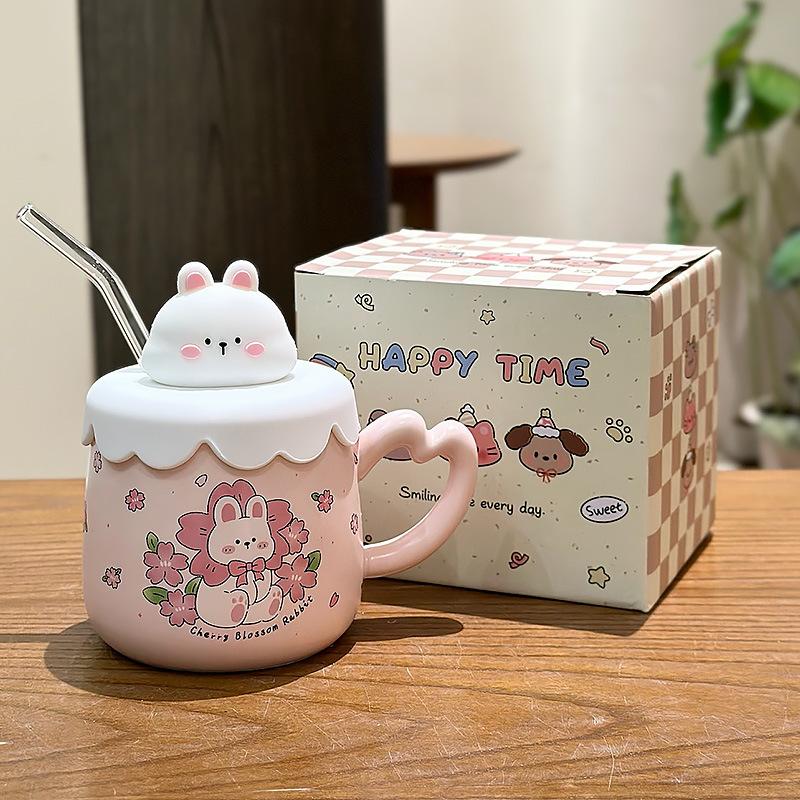 Cute Bunny Straw Mug With Lid Tea Cup Beer Mugs Coffee Cups Original Breakfast Cups Drinkware Personalized Gift Christmas Funny