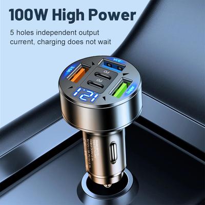 100W 5 In 1 Car Charger Super Fast Type C Car Charger Adapter Multi-Ports with PD USB Type C Charging for Mobile Phone, Tablet