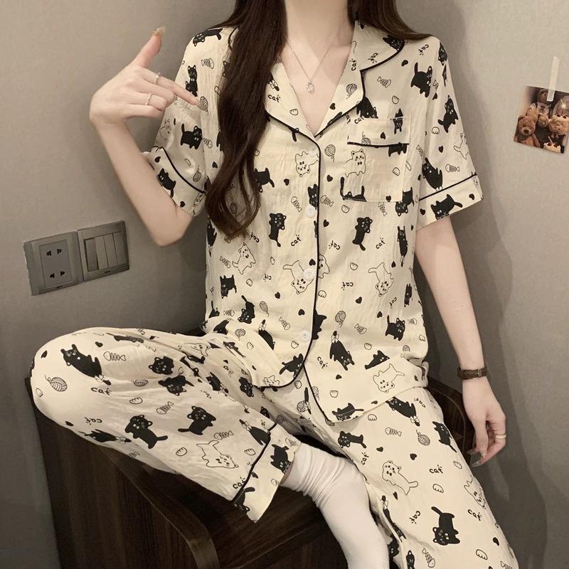 Short-sleeved Trousers, Summer Pajamas, Women's Cardigan, Casual Home Service 2-piece Suit