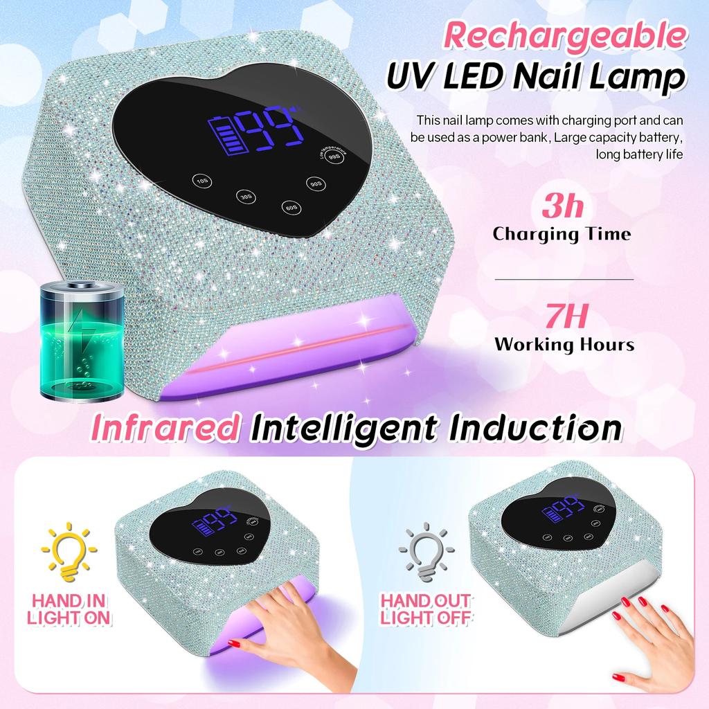 DianaBeauty UV Nail Lamp Rechargeable Cordless Manicure Lamp with Rhinestones 30 LEDs UV Cabin for Nail Art Tools Nail Dryer
