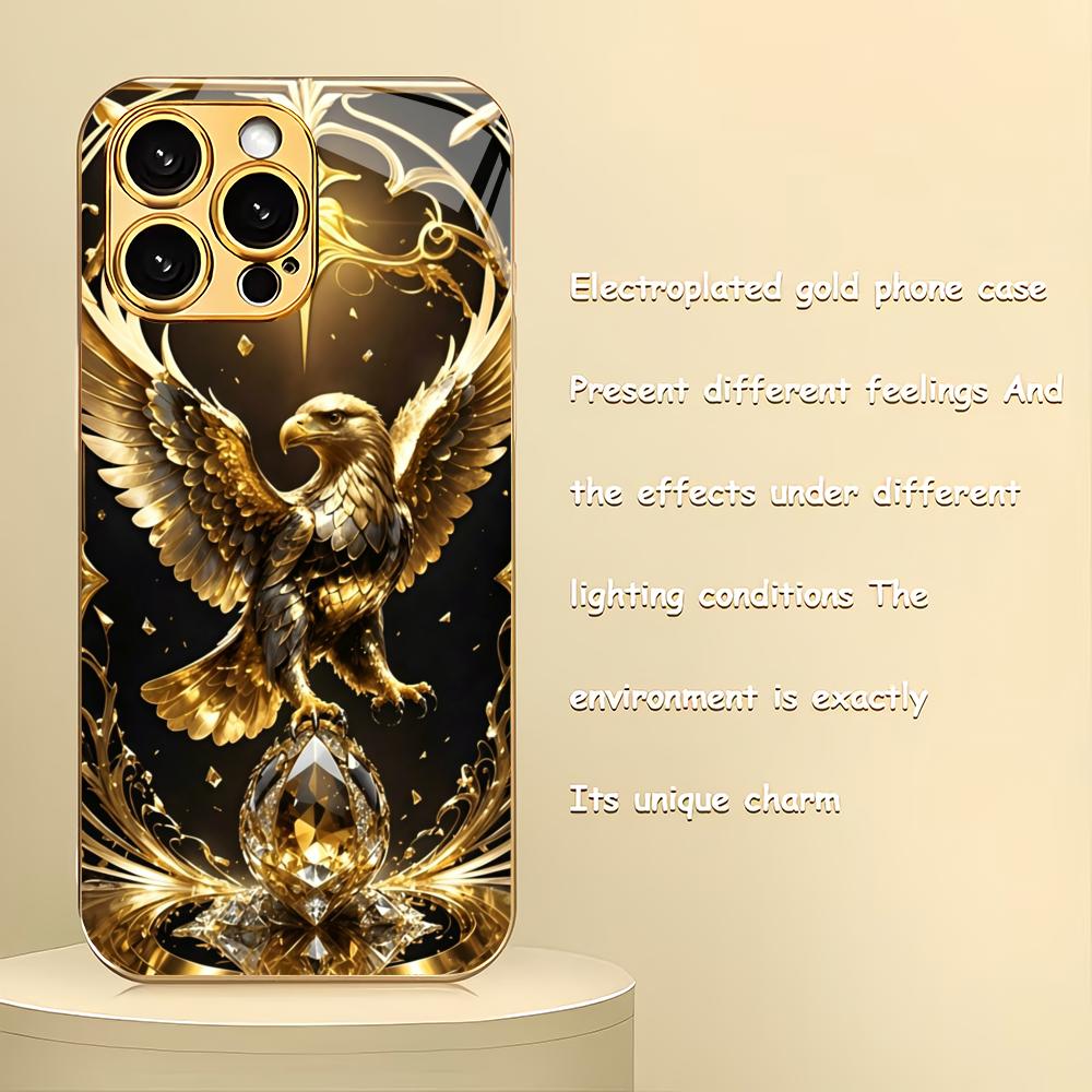 Golden Eagle Plated Glass Phone Case Suitable for iPhone 17 16 15 14 13 12 11 Pro/Max/Plus Anti Shock and Anti Drop Back Cover