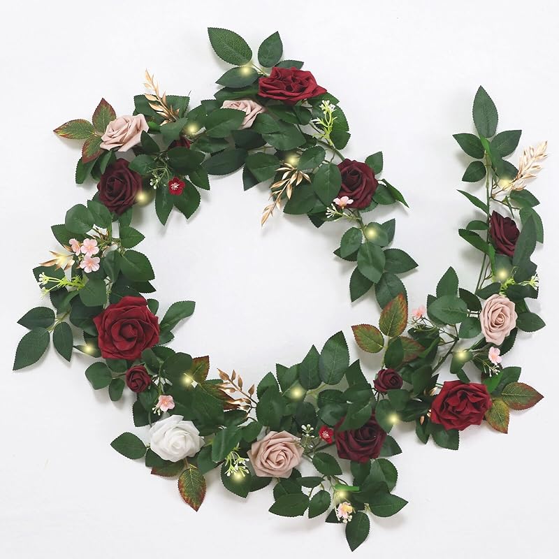 6 Ft Flower Garland with Lights, Artificial Eucalyptus Garland with Rose Flowers, MYXUANFA Flower Vine for Wedding Arch Table Centerpiece Room Decor