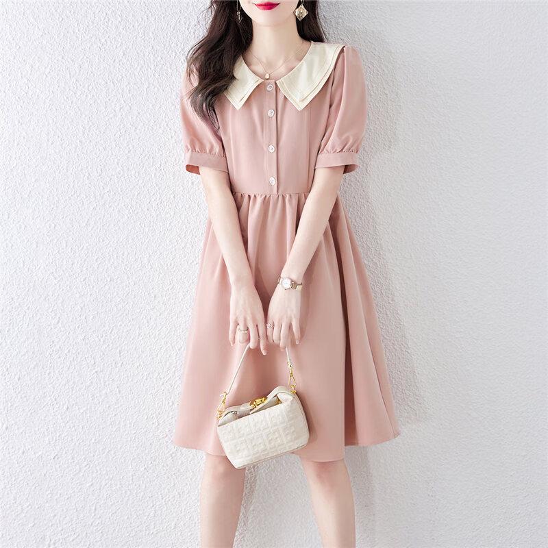French Style Color Block Short Sleeve Midi Dress