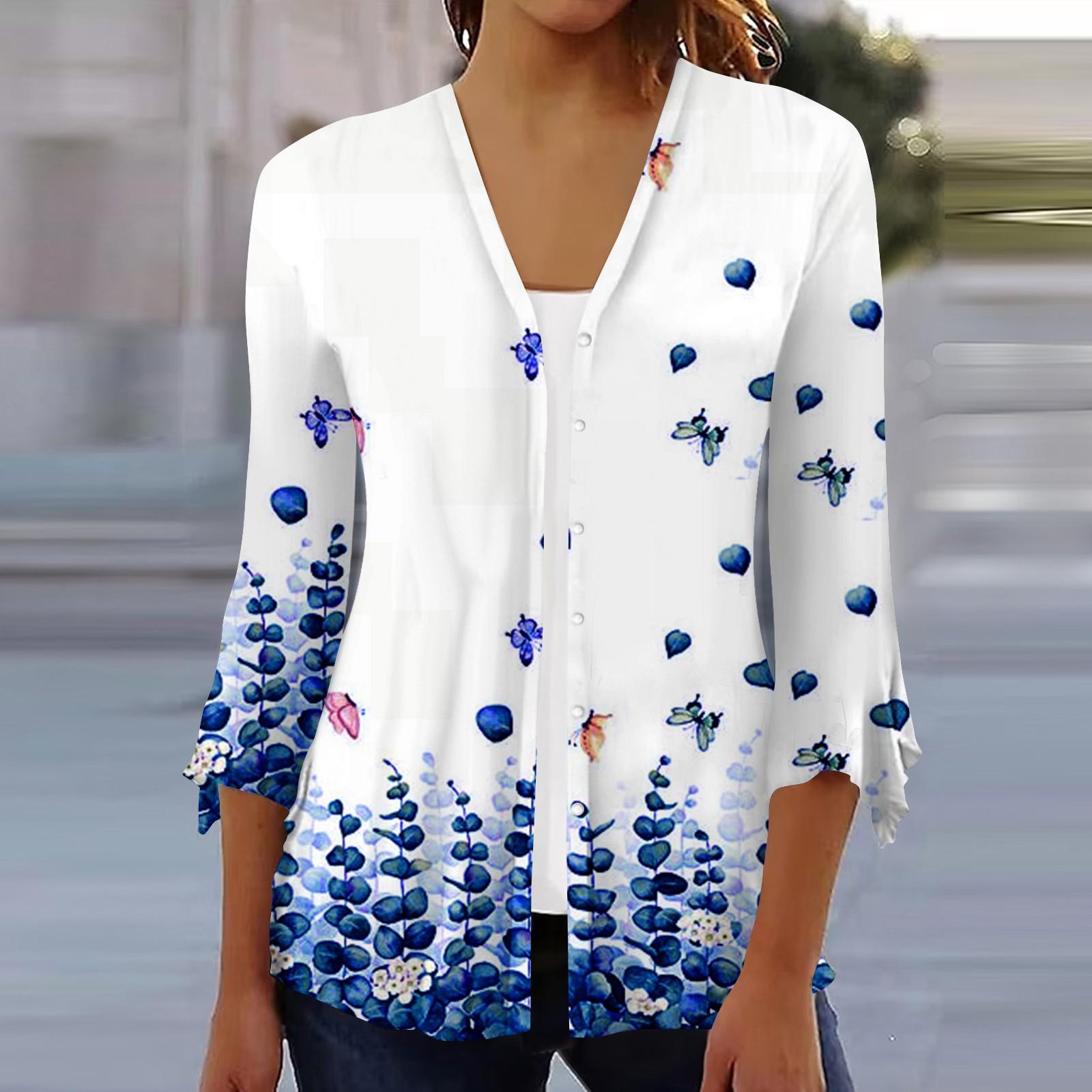 

Women s Shirt Blouse Outerwear Print 3/4 Length Sleeve Casual Holiday Basic Button Tops XXL
