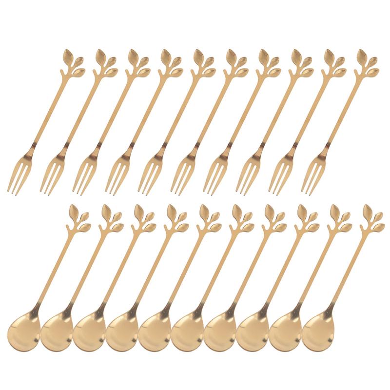 

AB42-Dessert Spoon Fork Set,20 Pcs 4.7 Inch Cake Fork,Coffee Spoon,Creative Leaf Fruit Fork,(10 Spoon + 10 Fork) золотой