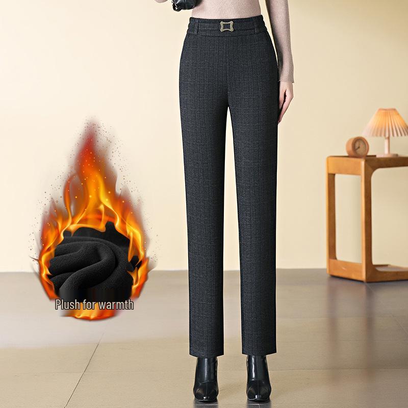 Women's High-Waisted Plaid Acetate Wool Pants - Plus Velvet, Thickened for Warmth, Autumn/Winter Style, Ideal for Middle-Aged Moms