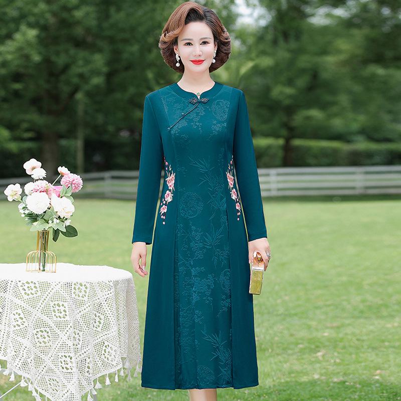 Mamas ethnischer Stil Frühlings-Cheongsam: Elegantes zweiteiliges Hochzeits- und Abendkleid für Frauen mittleren Alters und ältere Frauen