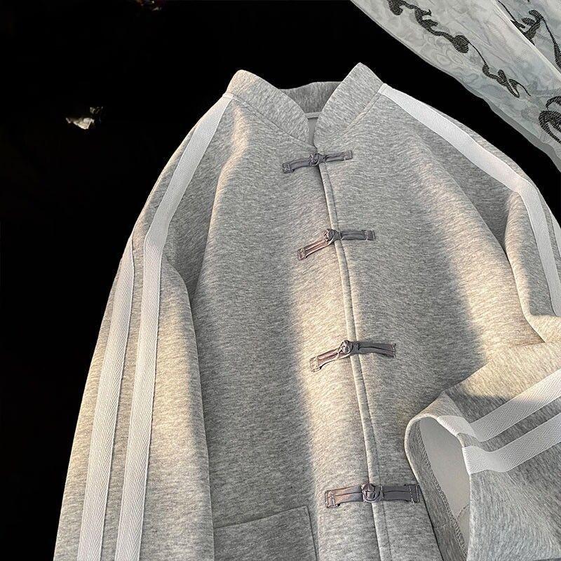 Men Women Chinese Style Buttoned Cardigan Sweatshirt Spring Loose Top Trendy Brand Chinese Style Heavyweight Jacket