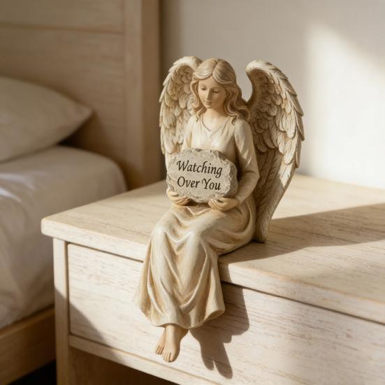 Schutzengel Regal-Sitzer Passt auf dich auf Engelsfigur Handbemalt Sitzender Engel Harzstatue Skulptur Heim- und Bürodekoration