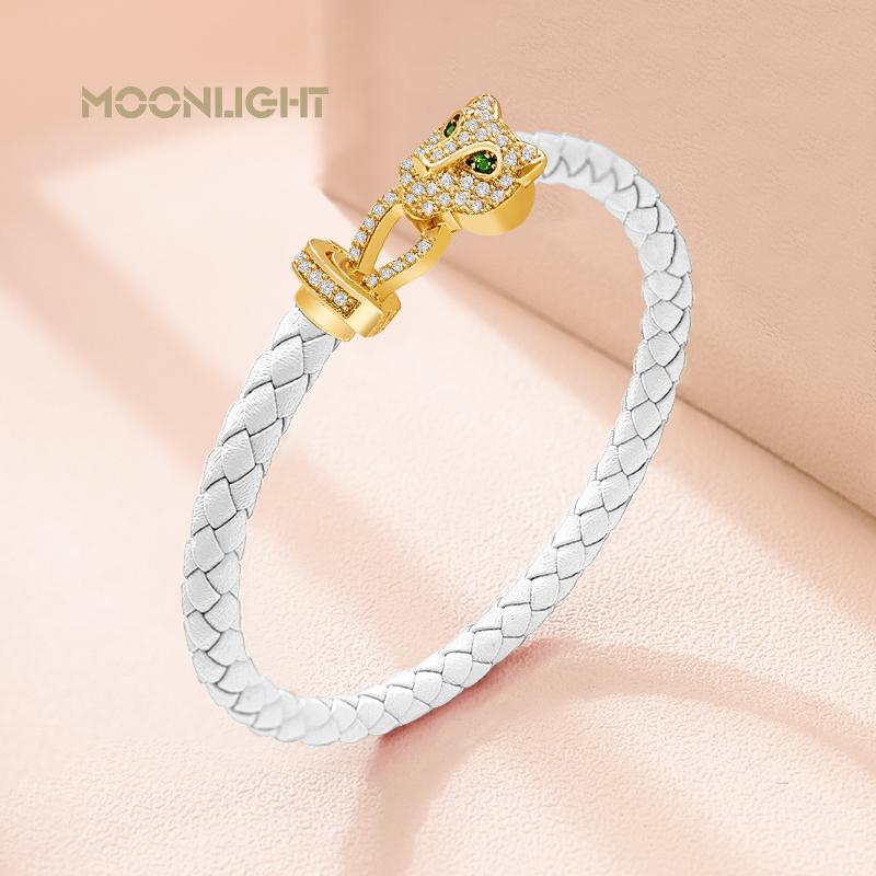MOONLIGHT Classic Design Exquisite Cheetah Zircon Bracelet for Women Braided Leather Bracelet Quality Banquet Couples Gift