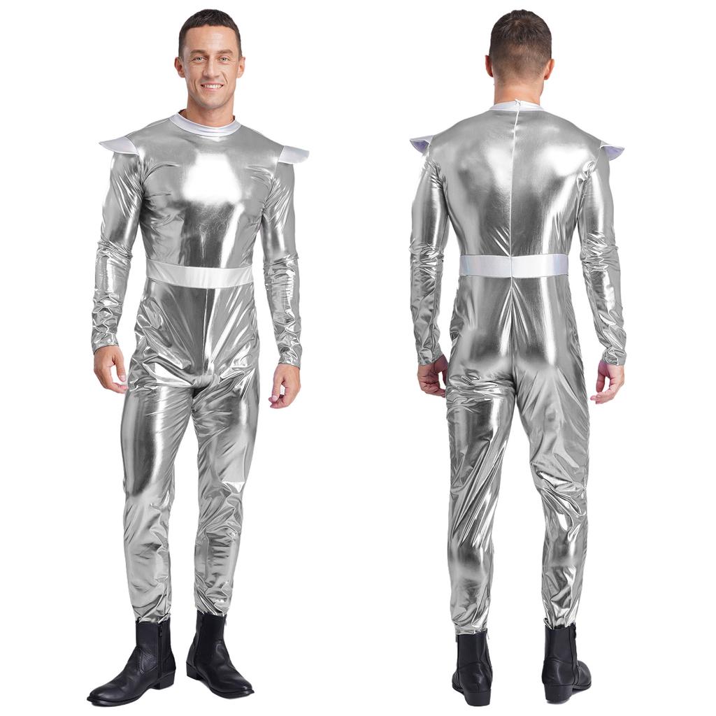 One-Piece Outer Space Costume for Men M-3XL: Easy Wear Long Sleeve Jumpsuit, Combines Cute & Robotic Styles for Photos