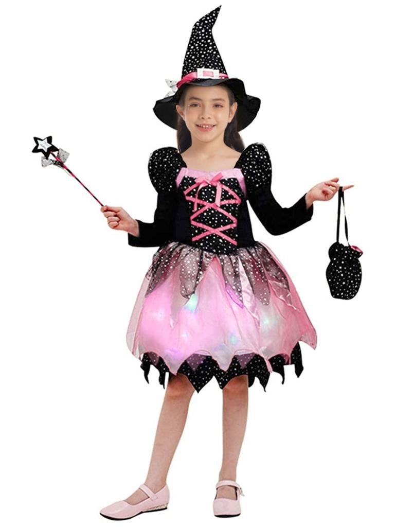4Pcs Kids Girls Halloween Witch Costume Carnival Cosplay Fancy Dress Outfit Long Sleeve Sparkling Dress With Pointed Hat Wand Candy Bag Set