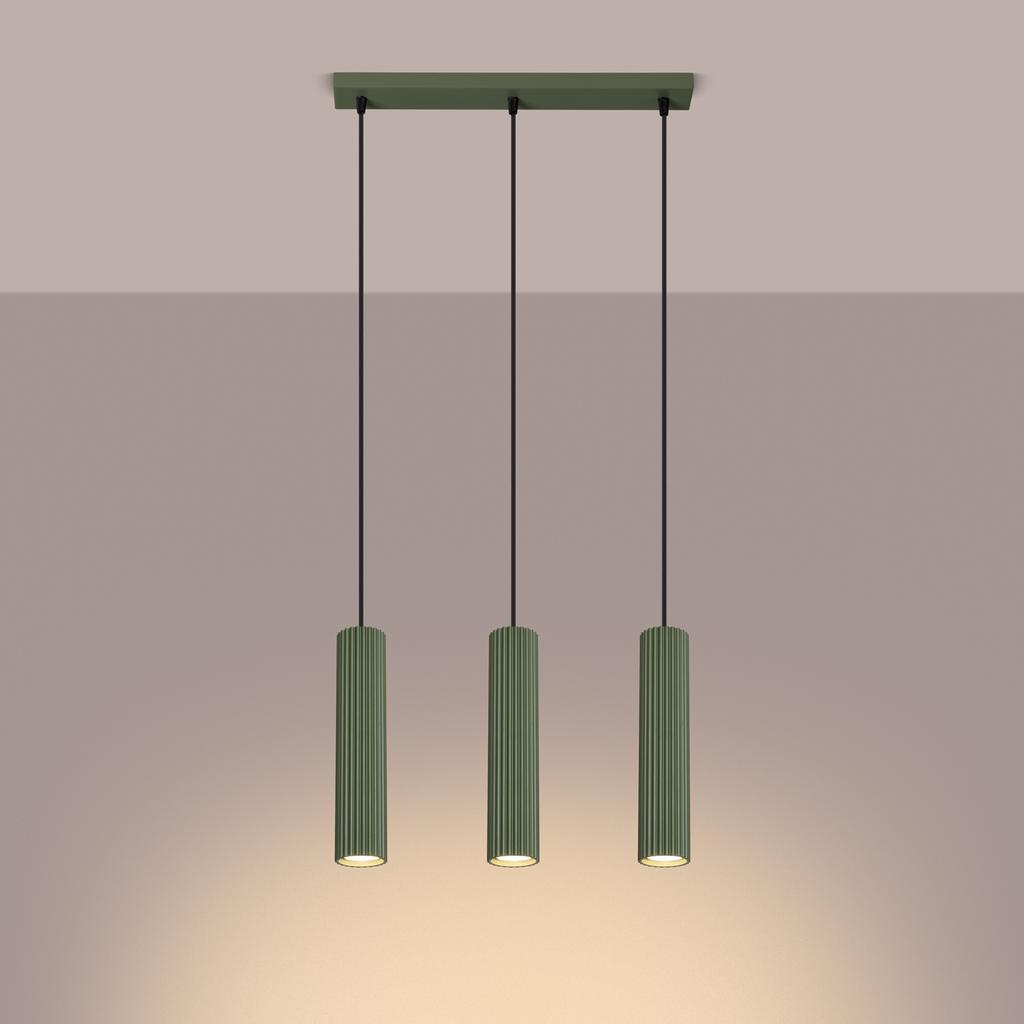 Lampa Wisząca Nowoczesna Zielona Oliwkowa Listwa Trzy Karbowane Tuby Do Kuchni Nad Wyspę 3Xgu10 10W Karbon Sollux Lighting