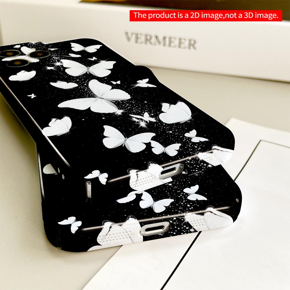 White Butterflies Sparkle On Black Background All Inclusive Film Hard Phone Case, Compatible with iPhone 18 Pro Max 17 16 15 14 13 12 11