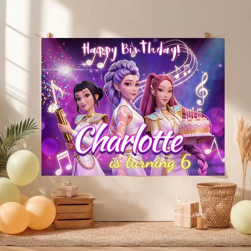 KPop Demon Hunters Pink Girl Backdrop Birthday Party Decoration Customizable Name Photo Portrait Banner Background Wall Supplies