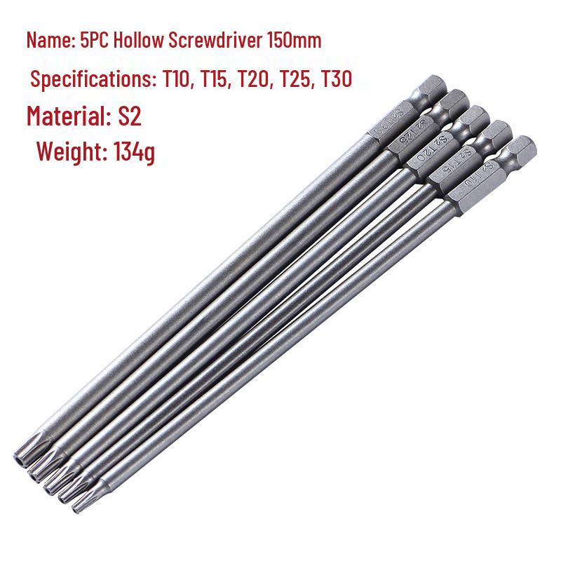 Hex Shank Hollow Torx Screwdriver Bits with Center Hole (Six-Point, 50mm, 75mm, 100mm, 150mm)